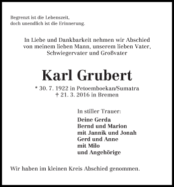 Traueranzeige von Karl Grubert