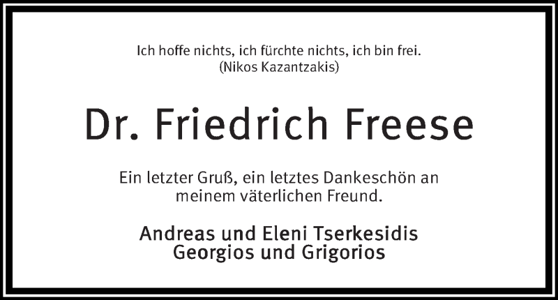 Traueranzeige von Friedrich Freese von Die Norddeutsche
