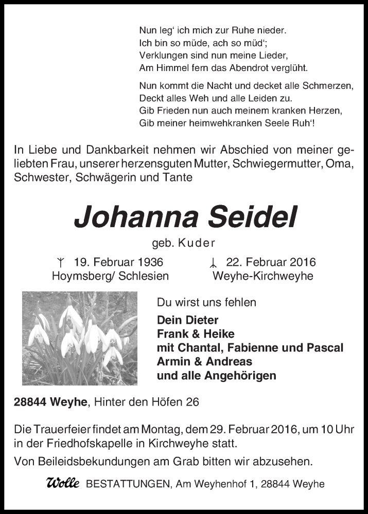 Traueranzeige von Johanna Seidel von Regionale Rundschau/Syker Kurier