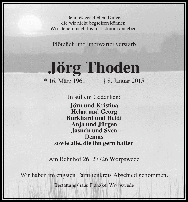 Traueranzeige von Jörg Thoden von Wuemme Zeitung