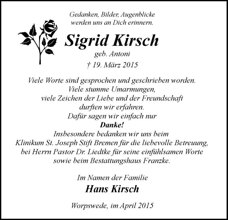 Traueranzeige von Sigrid Kirsch von Wuemme Zeitung