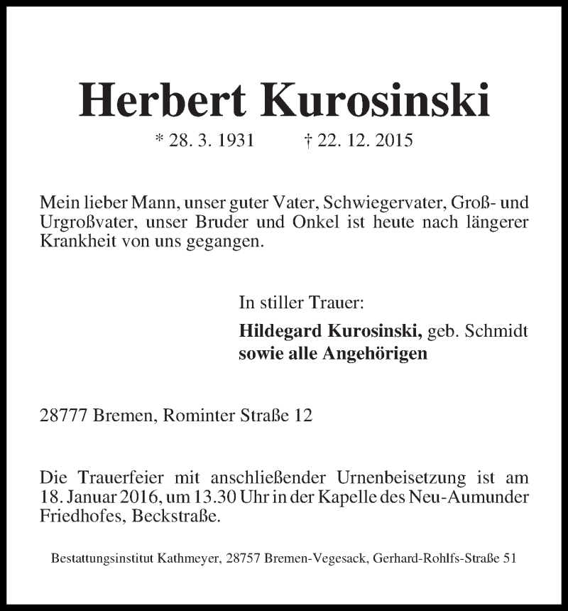 Traueranzeige von Herbert Kurosinski von Die Norddeutsche