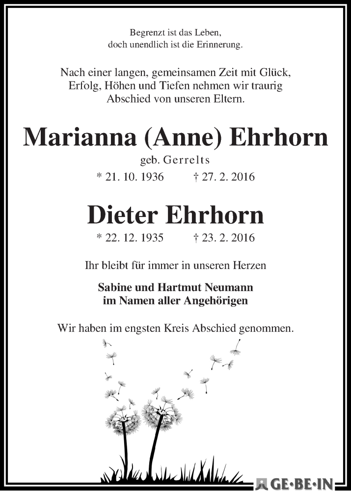 Traueranzeige von Marianna (Anne) + Dieter Ehrhorn von WESER-KURIER