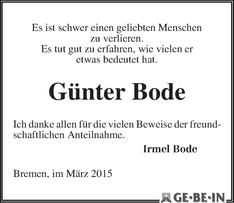 Traueranzeige von Günter Bode von WESER-KURIER