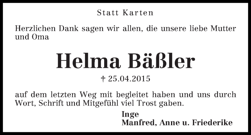 Traueranzeige von Helma Bäßler von WESER-KURIER