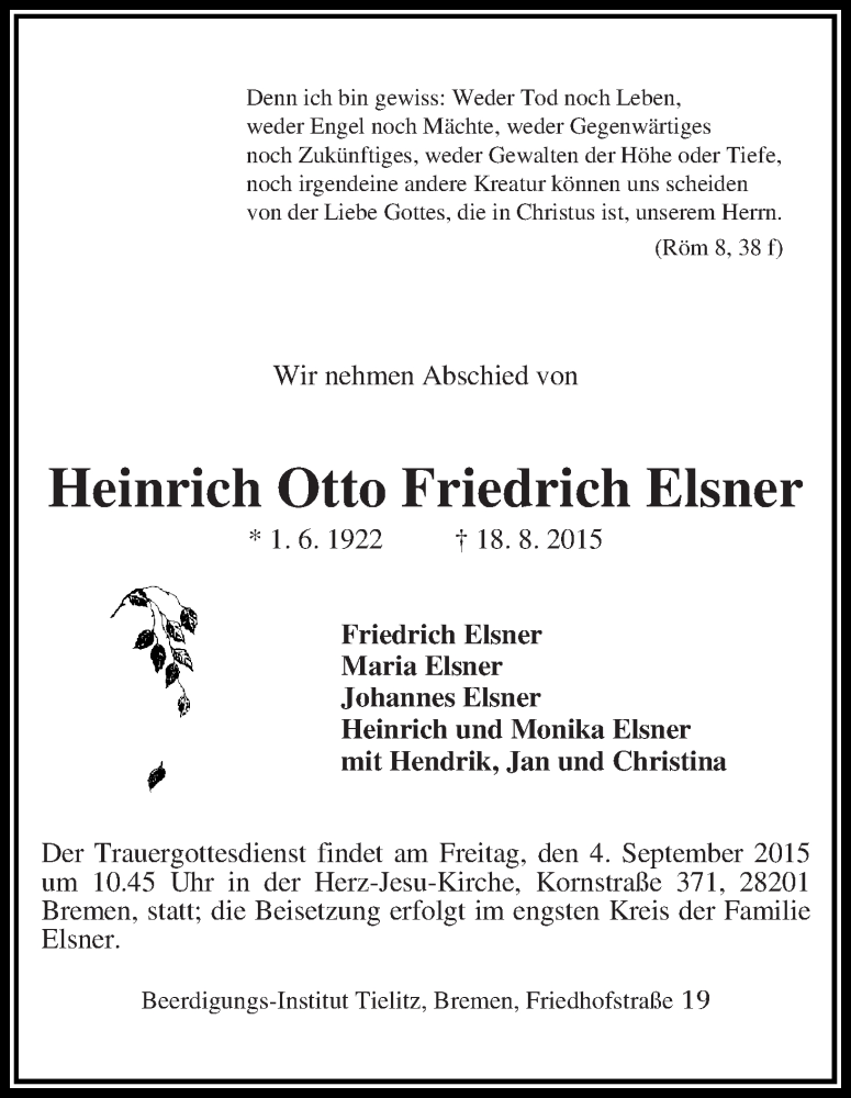 Traueranzeige von Heinrich Otto Friedrich Elsner von WESER-KURIER