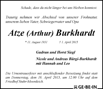 Traueranzeige von Atze (Arthur) Burkhardt