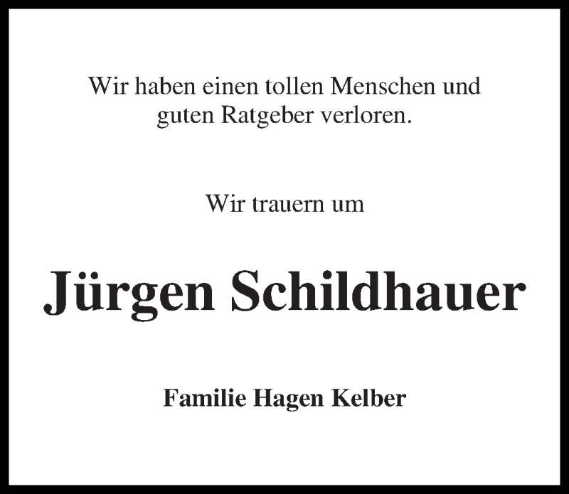  Traueranzeige für Jürgen Schildhauer vom 16.01.2016 aus WESER-KURIER