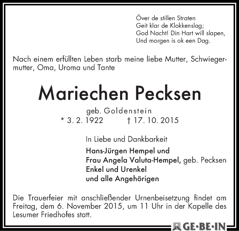 Traueranzeige von Mariechen Pecksen von Die Norddeutsche