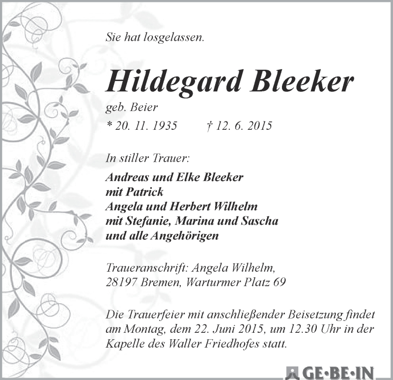 Traueranzeige von Hildegard Bleeker von WESER-KURIER