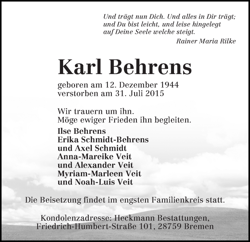 Traueranzeige von Karl Behrens von WESER-KURIER