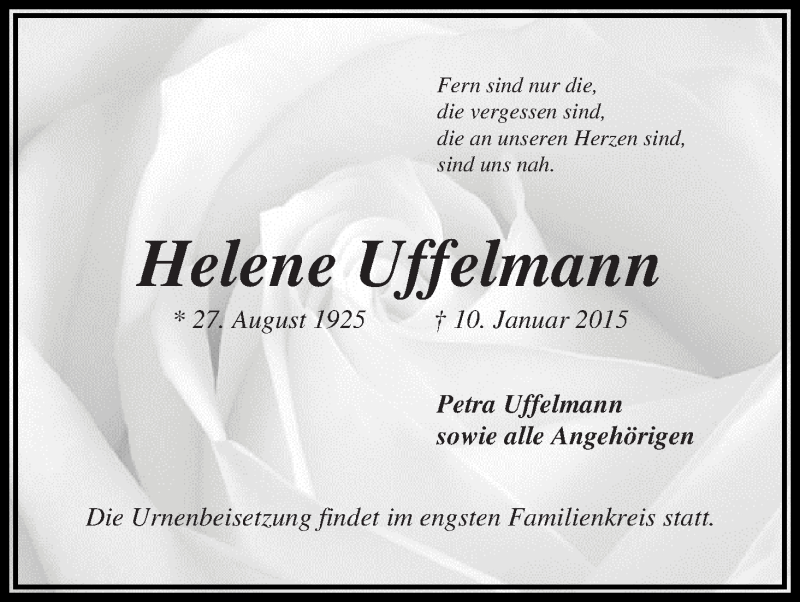 Traueranzeige von Helene Uffelmann von Wuemme Zeitung