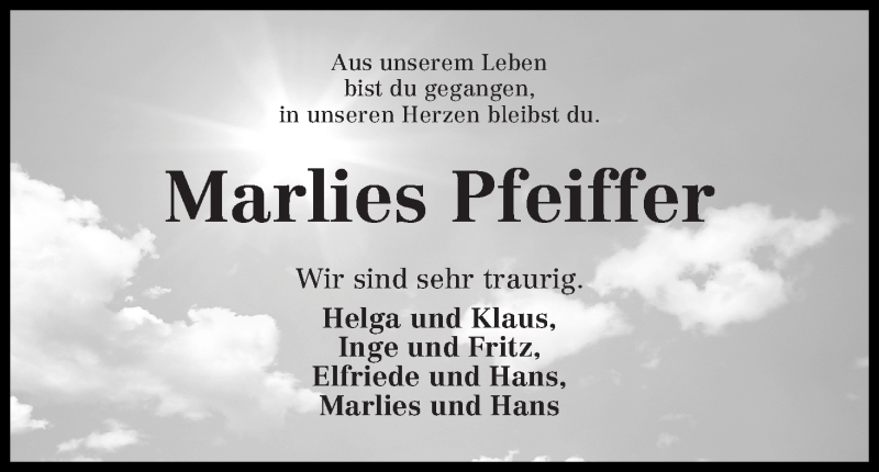 Traueranzeige von Marlies Pfeiffer von Wuemme Zeitung