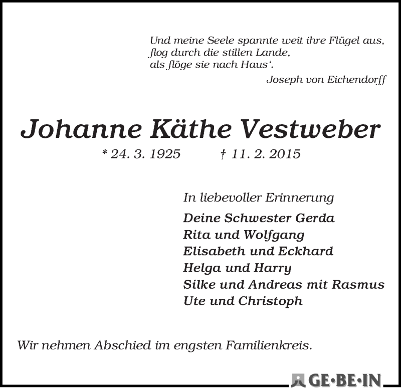 Traueranzeige von Johanne Käthe Vestweber von WESER-KURIER