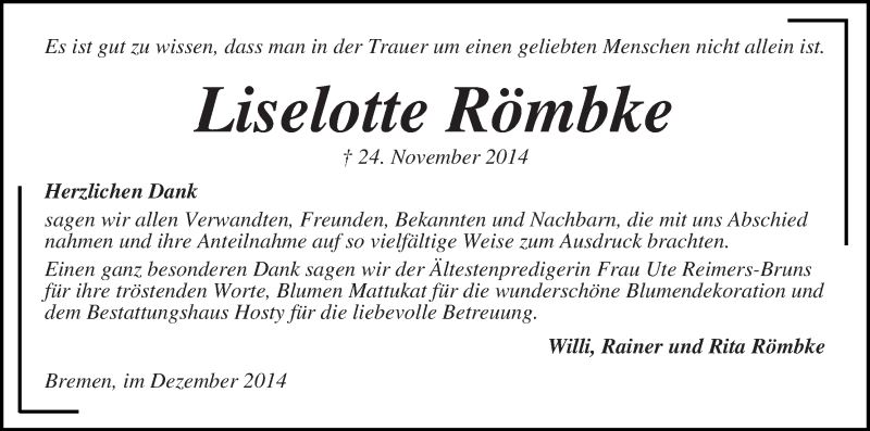  Traueranzeige für Liselotte Römbke vom 20.12.2014 aus Die Norddeutsche
