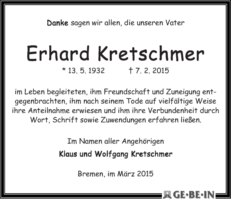 Traueranzeige von Erhard Kretschmer von WESER-KURIER