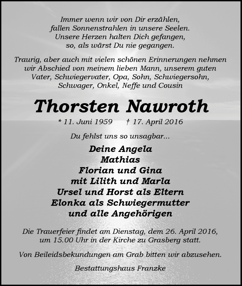 Traueranzeige von Thorsten Nawroth von Wuemme Zeitung