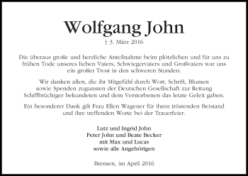 Traueranzeige von Wolfgang John