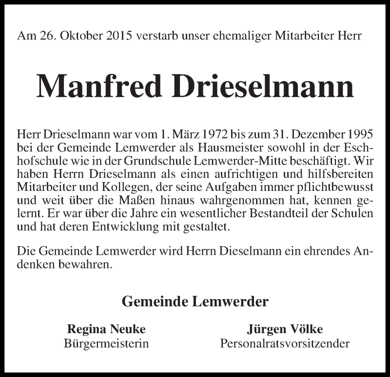 Traueranzeige von Manfred Drieselmann von Die Norddeutsche
