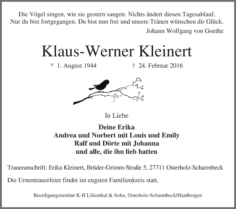 Traueranzeige von Klaus-Werner Kleinert von Osterholzer Kreisblatt