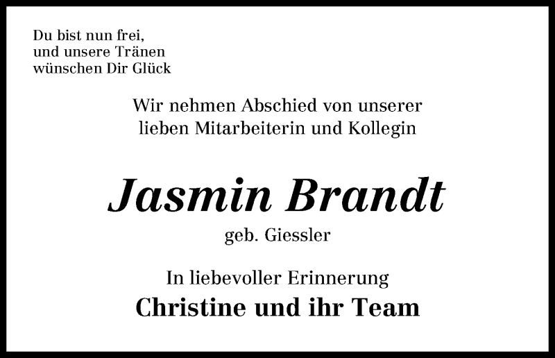  Traueranzeige für Jasmin Brandt vom 01.08.2015 aus Osterholzer Kreisblatt