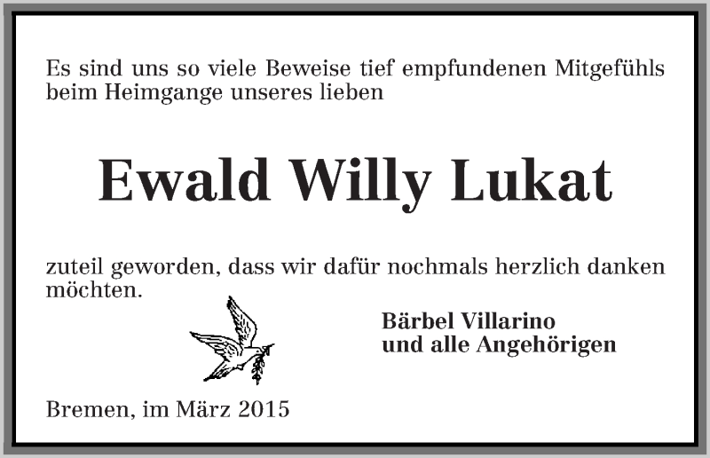 Traueranzeige für Ewald Willy Lukat vom 04.03.2015 aus Die Norddeutsche