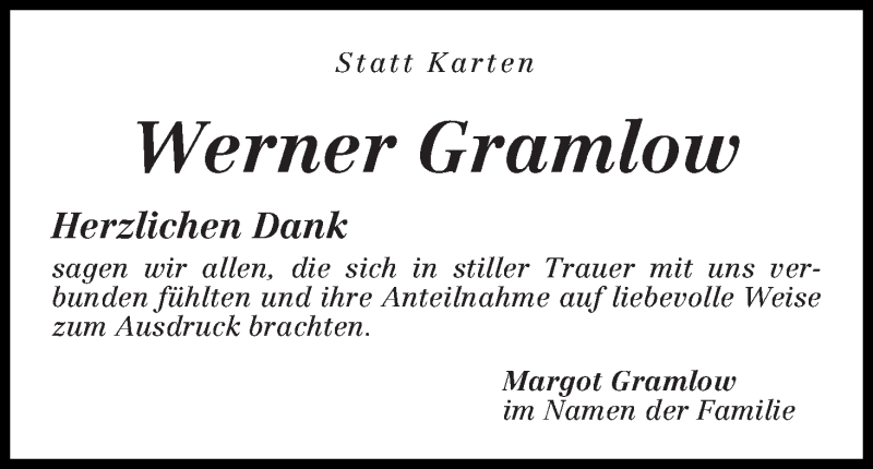 Traueranzeige von Werner Gramlow von Die Norddeutsche