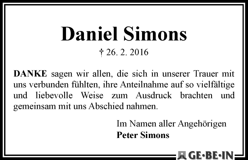 Traueranzeige von Daniel Simons von WESER-KURIER