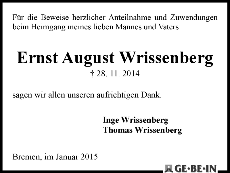 Traueranzeige von Ernst August Wrissenberg von WESER-KURIER
