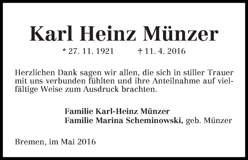 Traueranzeige von Karl Heinz Münzer von Die Norddeutsche