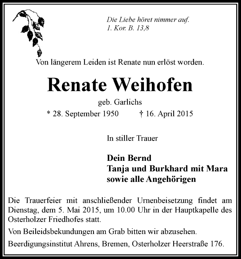 Traueranzeige von Renate Weihofen von WESER-KURIER