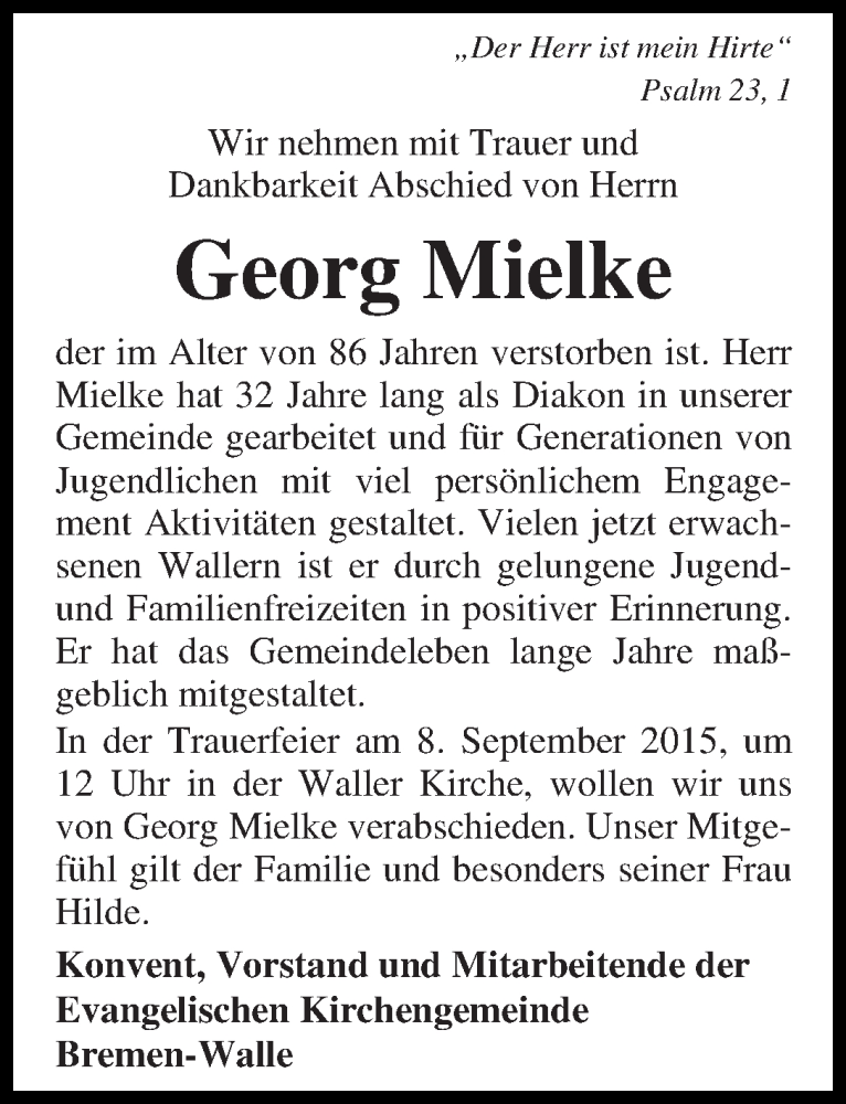 Traueranzeige von Georg Mielke von WESER-KURIER