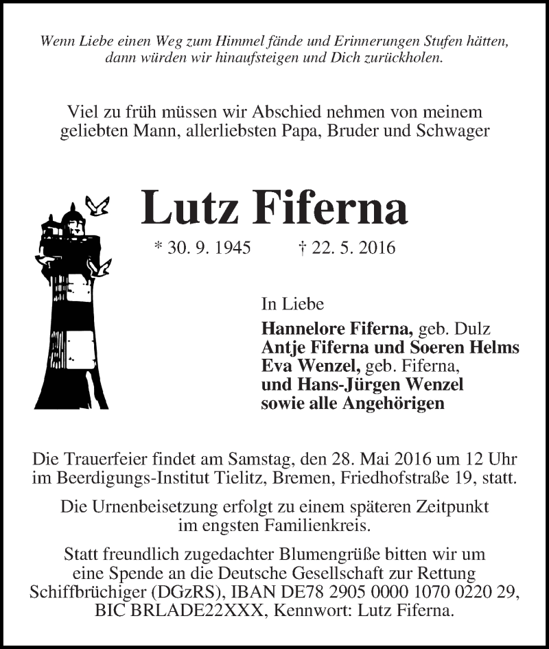 Traueranzeige von Lutz Fiferna von WESER-KURIER
