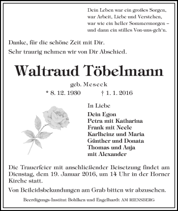 Traueranzeige von Waltraud Töbelmann