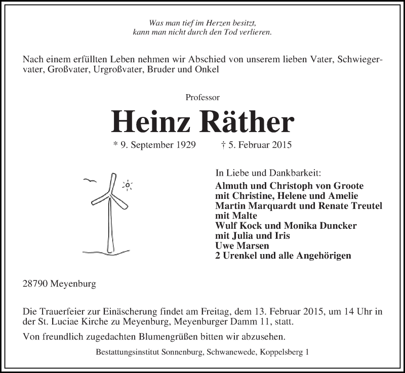 Traueranzeige von Heinz Räther von Die Norddeutsche