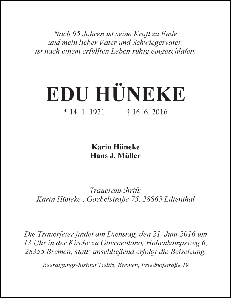 Traueranzeige von Eduard (Edu) Hüneke von WESER-KURIER