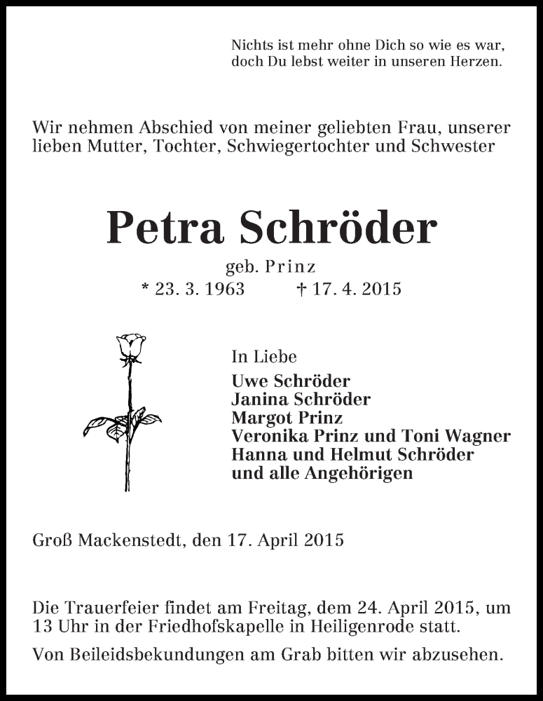 Traueranzeige für Petra Schröder vom 21.04.2015 aus WESER-KURIER