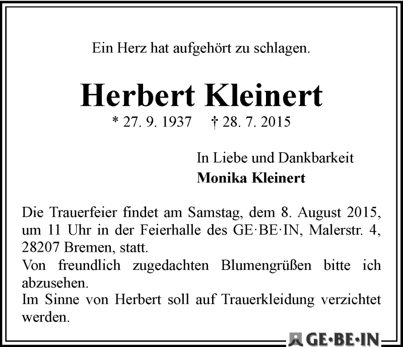 Traueranzeige von Herbert Kleinert von WESER-KURIER