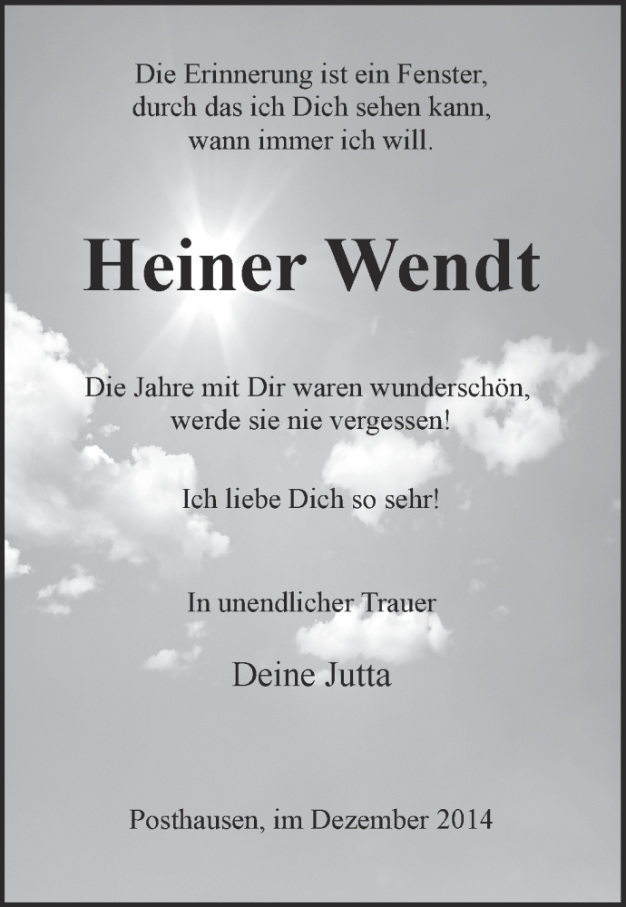 Traueranzeige von Heiner Wendt von WESER-KURIER