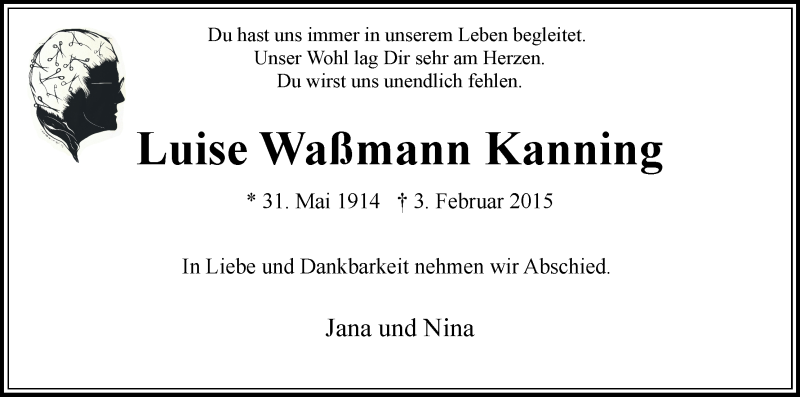 Traueranzeige von Luise Waßmann Kanning von WESER-KURIER