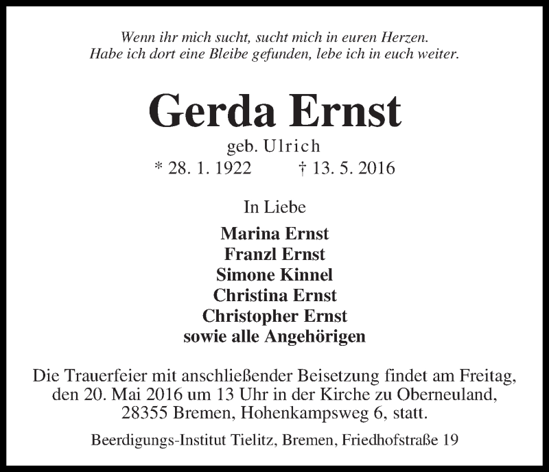 Traueranzeige von Gerda Ernst von WESER-KURIER