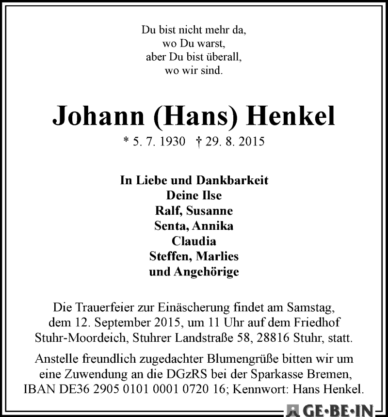 Traueranzeige von Johann (Hans) Henkel von WESER-KURIER