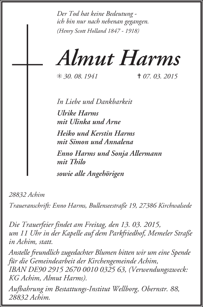 Traueranzeige von Almut Harms von Achimer Kurier/Verdener Nachrichten