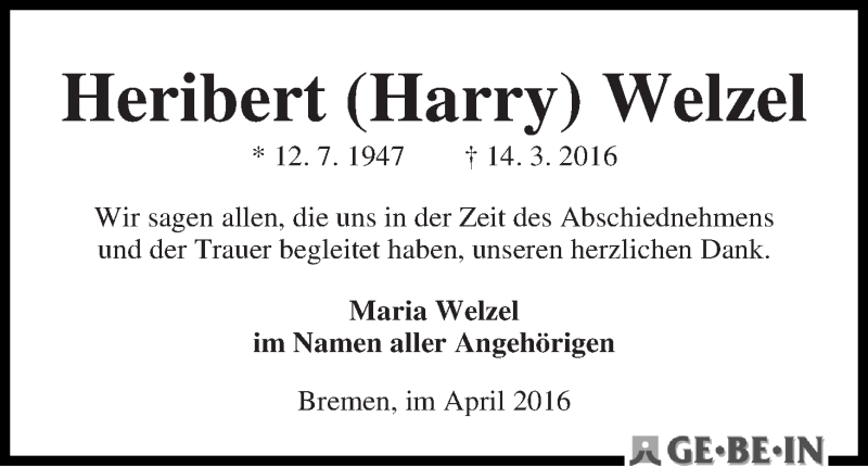 Traueranzeige von Heribert Welzel von WESER-KURIER