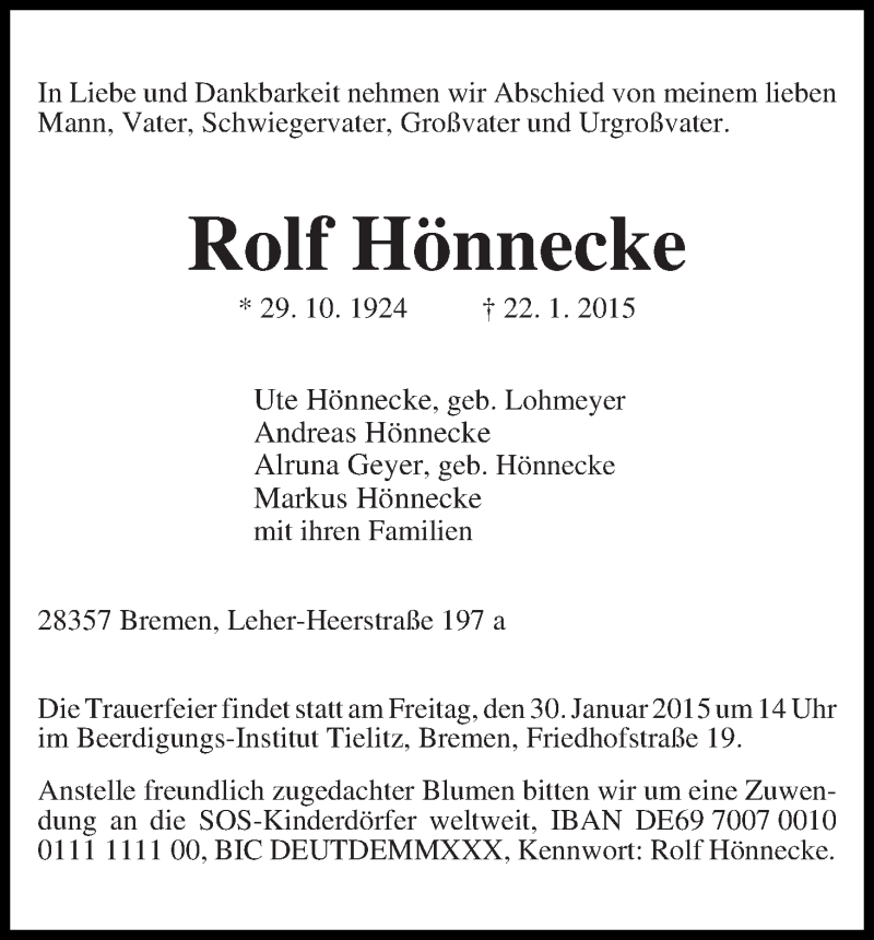 Traueranzeige von Rolf Hönnecke von WESER-KURIER