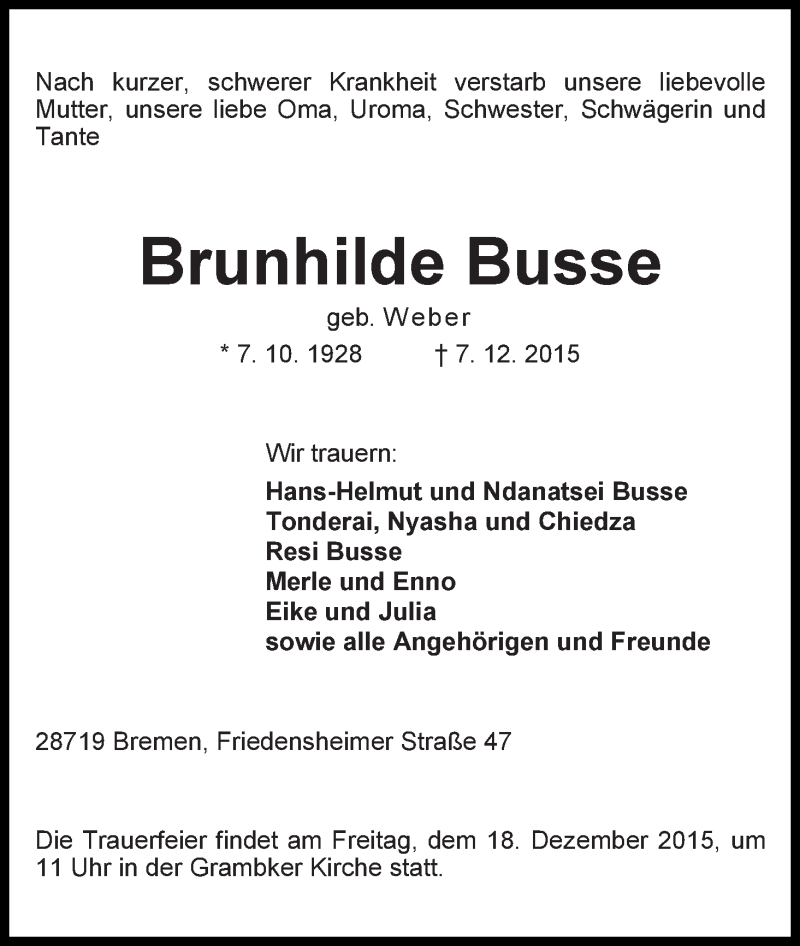 Traueranzeige von Brunhilde Busse von Die Norddeutsche