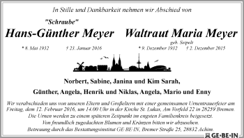Traueranzeige von Hans-Günther und Waltraut Maria Meyer