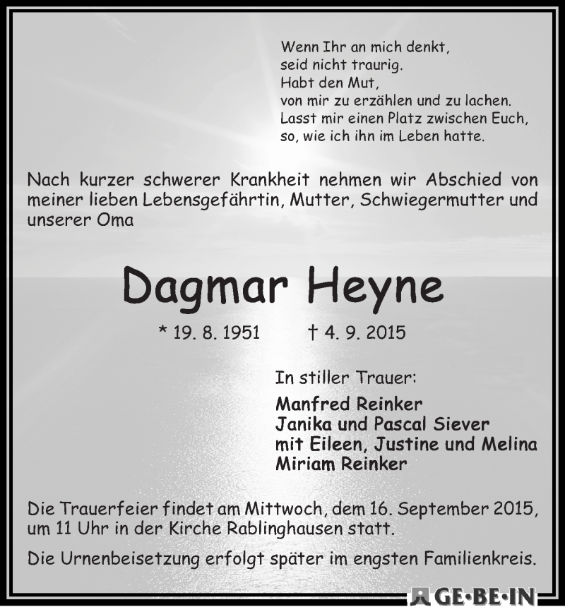 Traueranzeige von Dagmar Heyne von WESER-KURIER