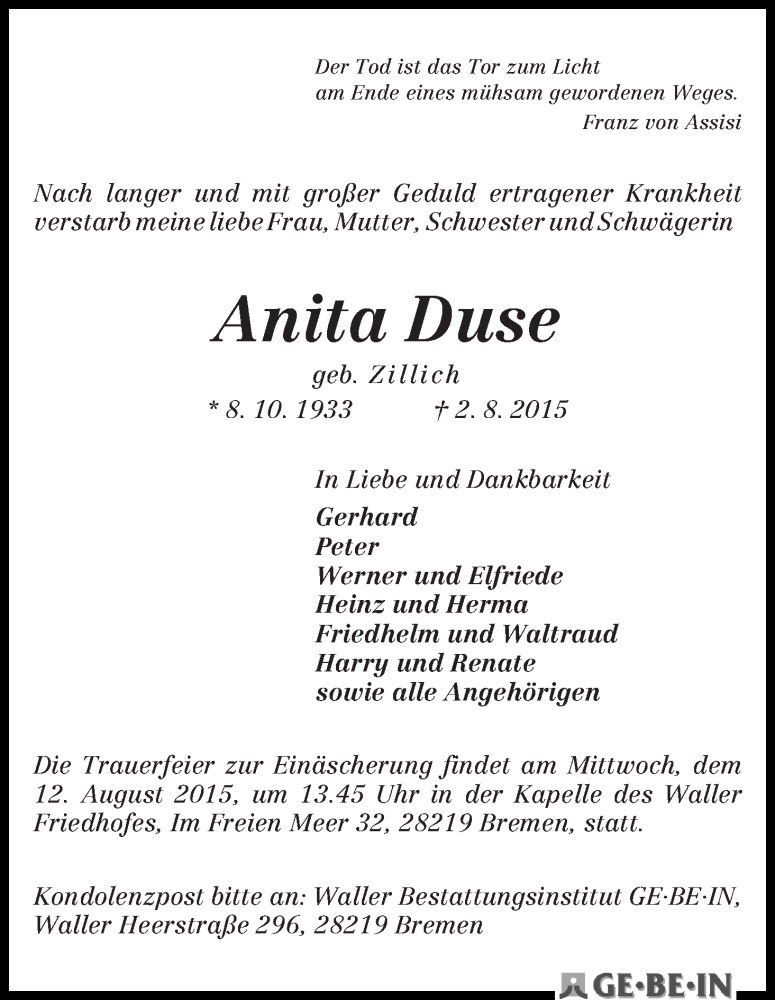 Traueranzeige von Anita Duse von WESER-KURIER