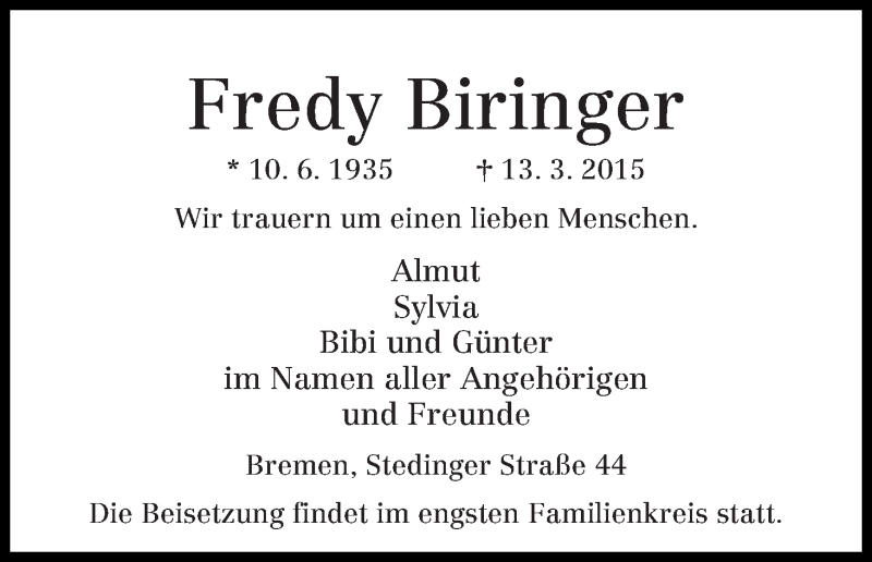 Traueranzeige von Fredy Biringer von WESER-KURIER